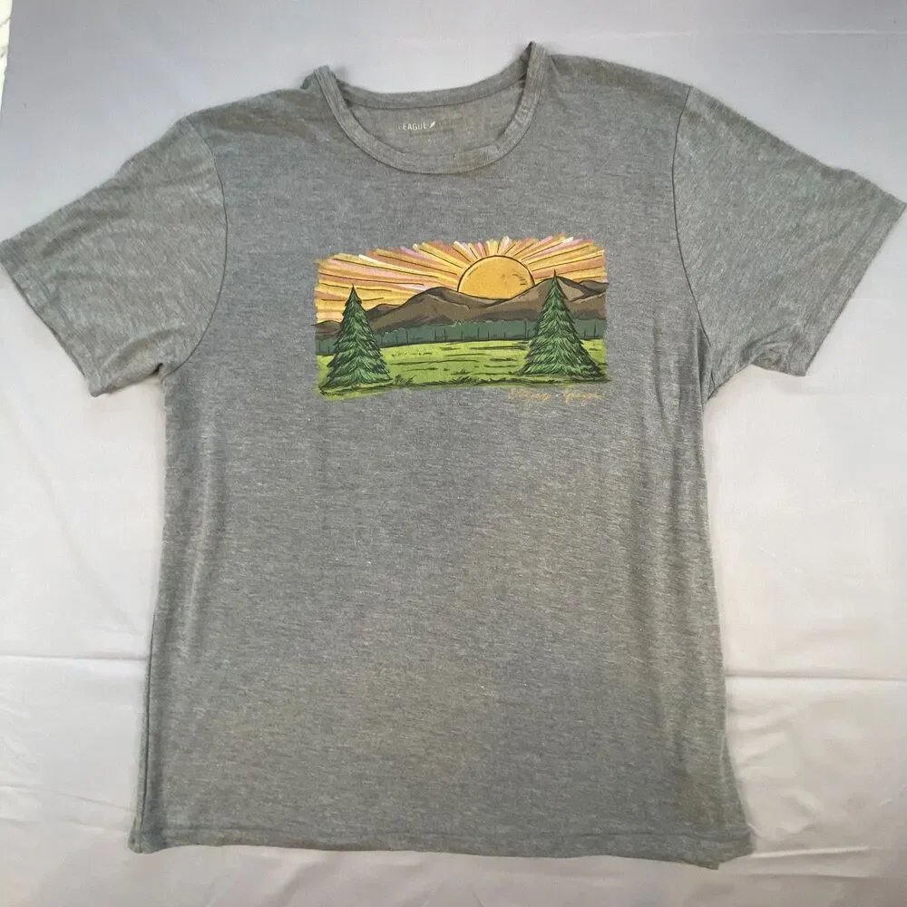 League Active Mens XL Graphic T-Shirt Gray Short Sleeve Outdoor Mountain Sunset